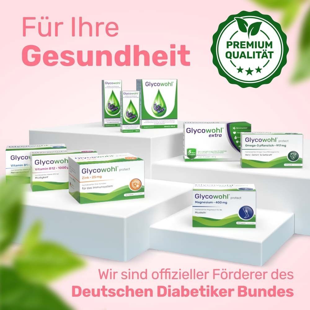 Verschiedene Produkte der Marke Glycowohl. Aufschrift: Für Ihre Gesundheit. Logo: Premium Qualität. Logo: Deutscher Diabetiker Bund.