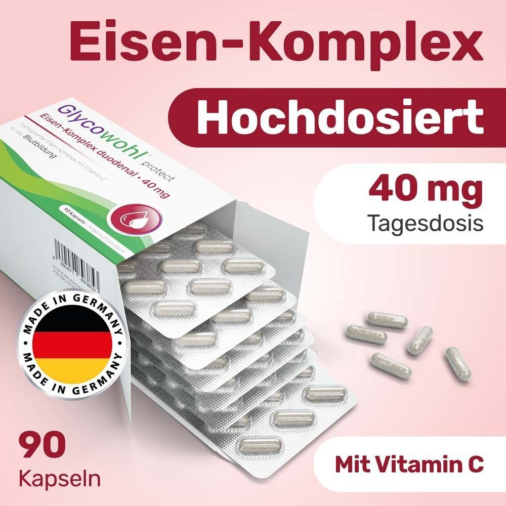 Geöffnete Schachtel GLYCOWOHL Eisen-Komplex duodenal 40 mg Kapseln. Blisterpackung mit Kapseln. Aufschrift: 40 mg Tagesdosis. Made in Germany.