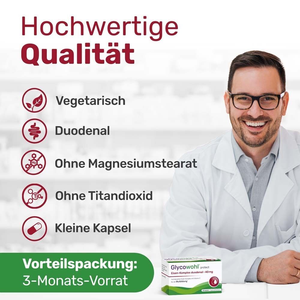 Arzt mit Brille. Aufschrift: Vegetarisch, Duodenal, Ohne Magnesiumstearat, Ohne Titandioxid, Kleine Kapsel. 3-Monats-Vorrat.