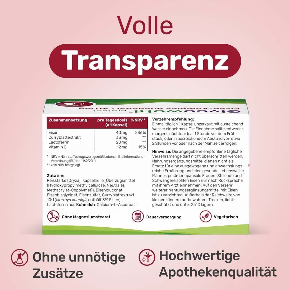 Text: Volle Transparenz. Inhaltsstoffe und Nährwertangaben. Ohne unnötige Zusätze. Apothekenqualität. Vegetarisch.