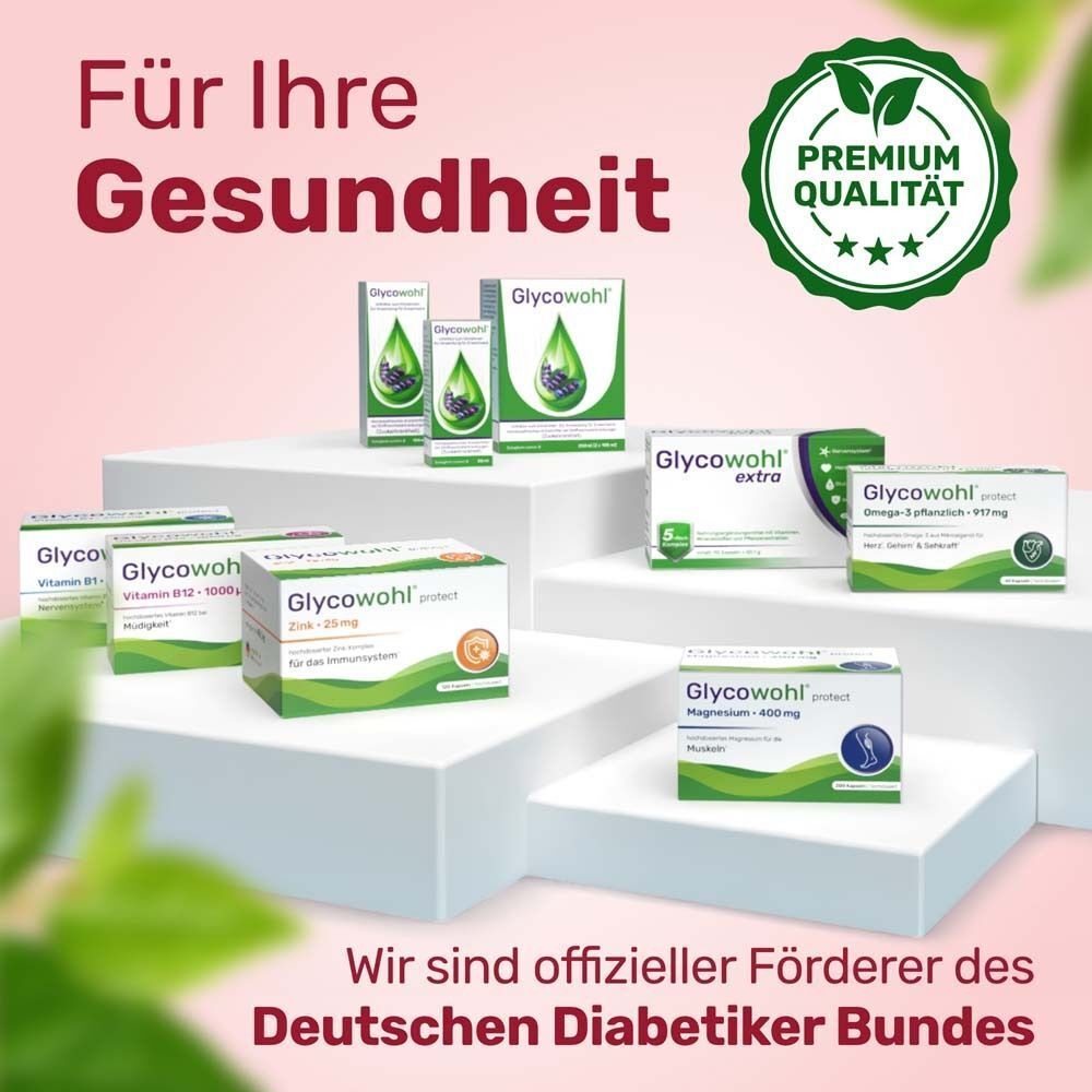 Verschiedene Produkte der Marke GLYCOWOHL. Premium Qualität. Wir sind offizieller Förderer des Deutschen Diabetiker Bundes.