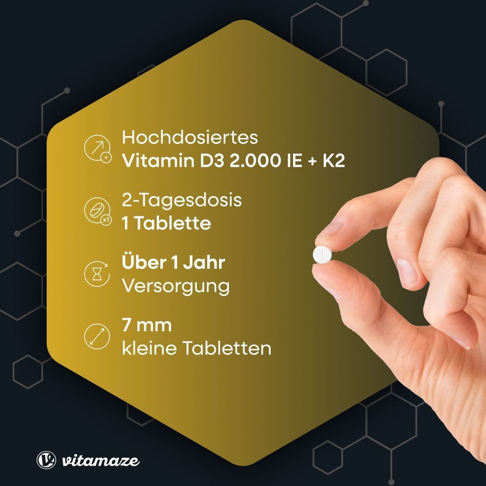 Hand hält kleine Tablette. Gelber Hintergrund mit Text: Vitamin D3 2.000 IE + K2, 7 mm Tabletten, 1 Tablette.