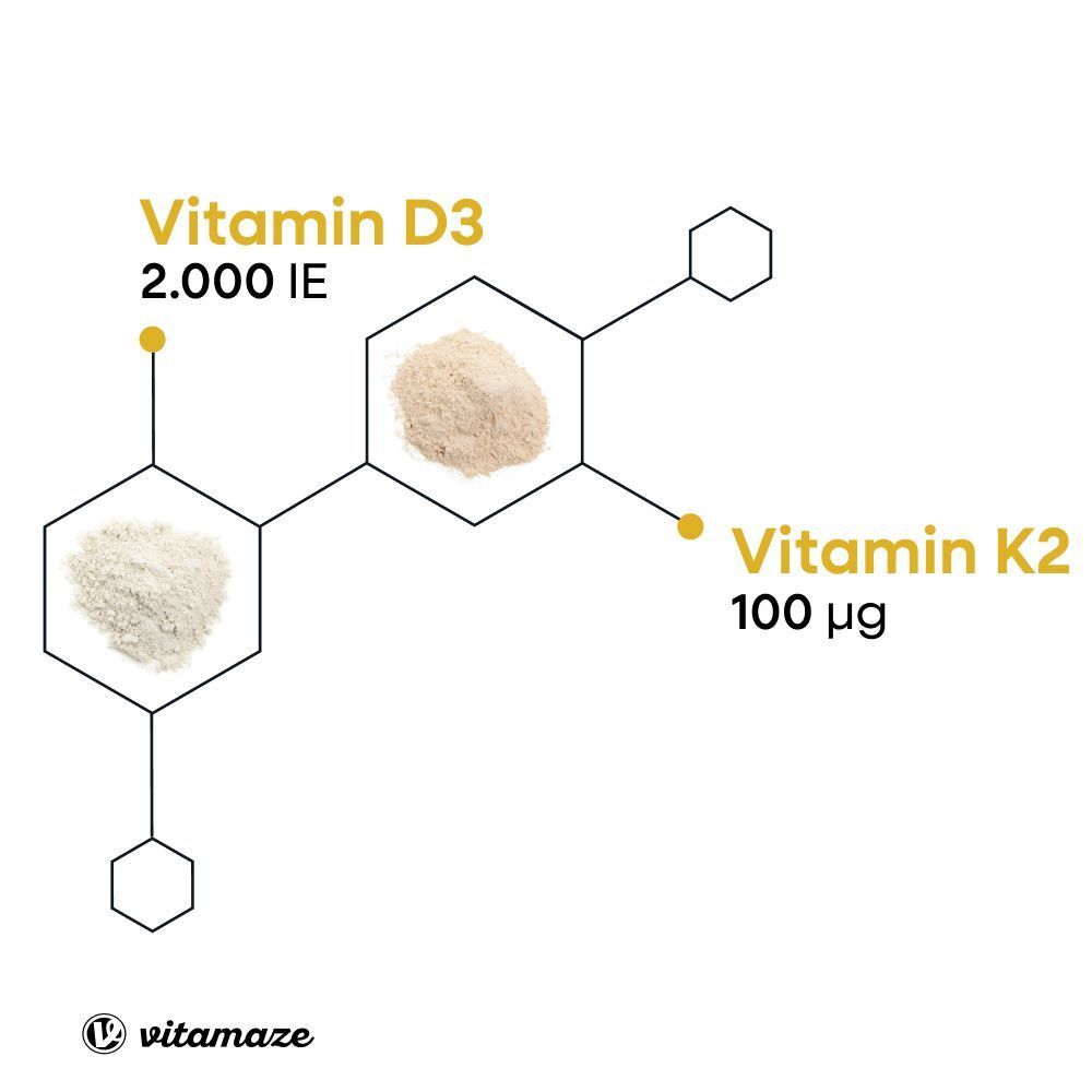 Grafik: Vitamin D3 und K2. Vitamin D3 2.000 IE und Vitamin K2 100 µg. Weiße Pulver in hexagonaler Form.