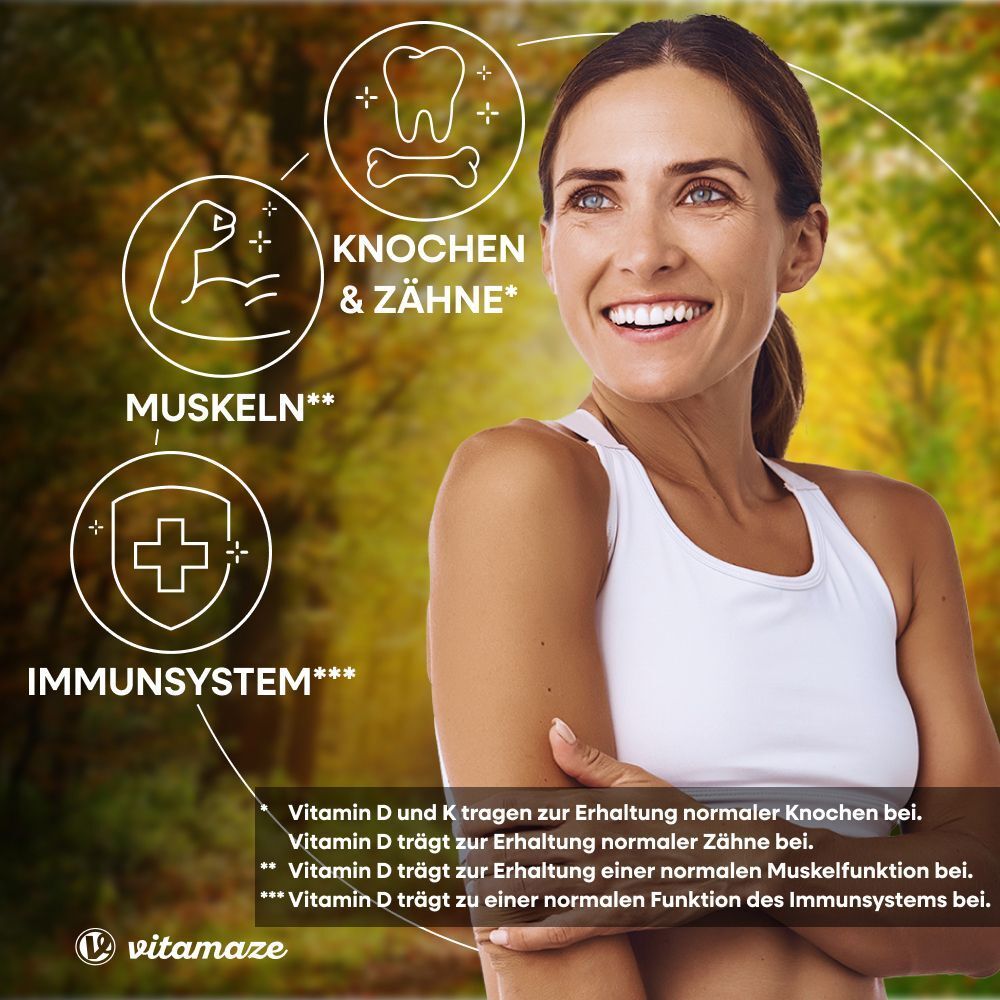 Frau lächelt. Grafiken: Knochen & Zähne, Muskeln, Immunsystem. Text: Vitamin D und K tragen zur Erhaltung bei.