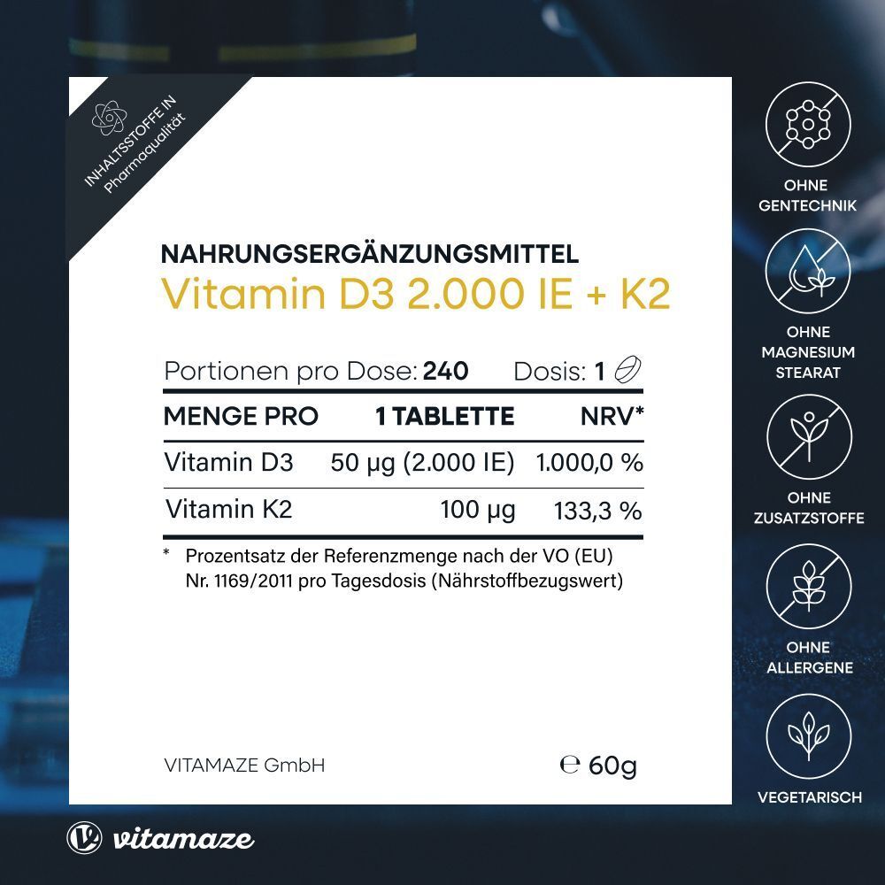 Nahrungsergänzungsmittel Vitamin D3 2.000 IE + K2. 240 Portionen pro Dose. 1 Tablette. Ohne Gentechnik, etc.