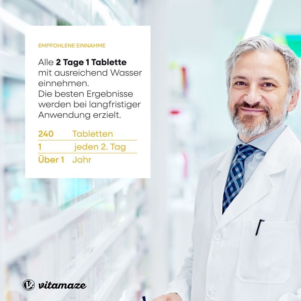 Arzt im weißen Kittel. Text: Einnahme: Alle 2 Tage 1 Tablette mit Wasser. 240 Tabletten, Über 1 Jahr.