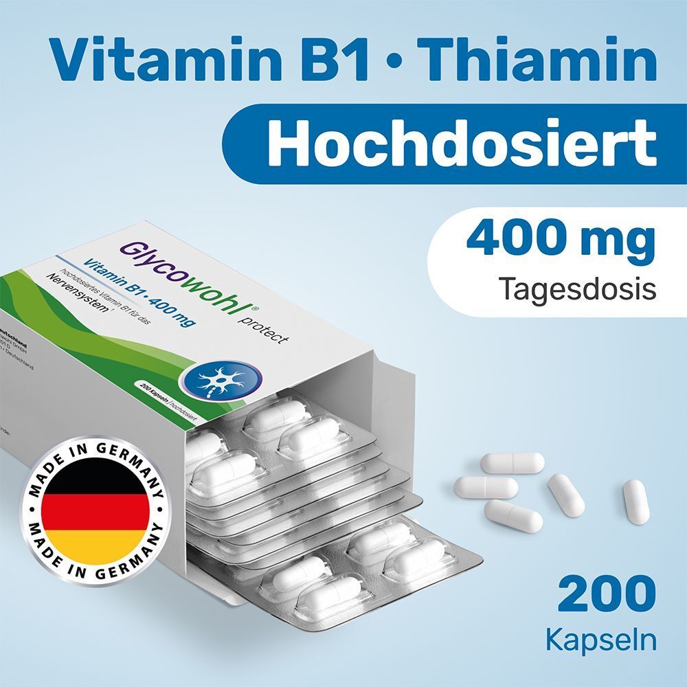 Packung GLYCOWOHL Vitamin B1, geöffnet. Aufschrift: Vitamin B1 400 mg. 200 Kapseln. Blisterpackung mit weißen Kapseln. Made in Germany-Siegel.