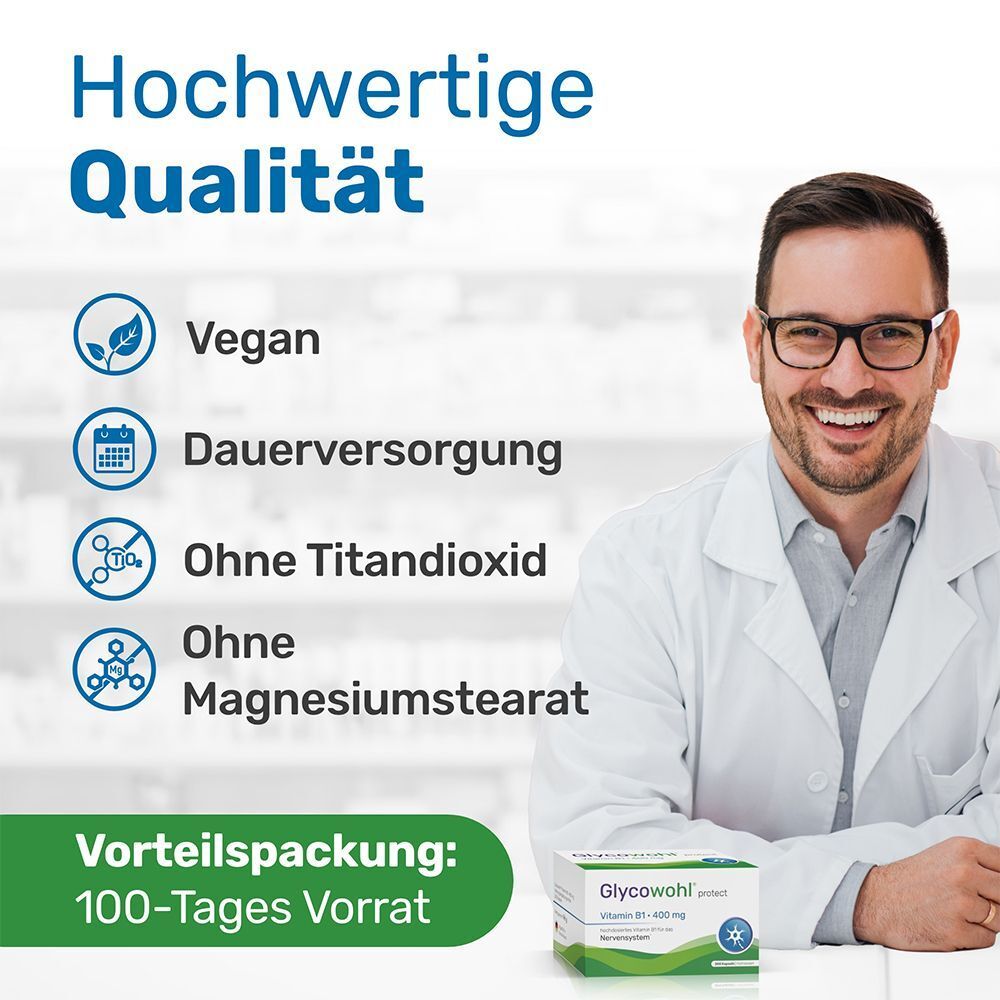 Arzt mit Brille. Text: Hochwertige Qualität. Vegan, Dauerversorgung, ohne Titandioxid, ohne Magnesiumstearat. Packung GLYCOWOHL Vitamin B1.
