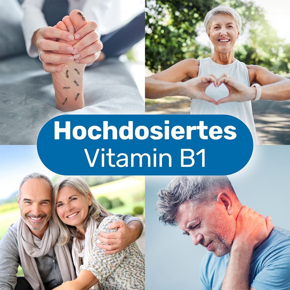 Collage mit Bildern. Hochdosiertes Vitamin B1. Menschen in verschiedenen Situationen: glücklich, sportlich, Paare, Schmerzen.