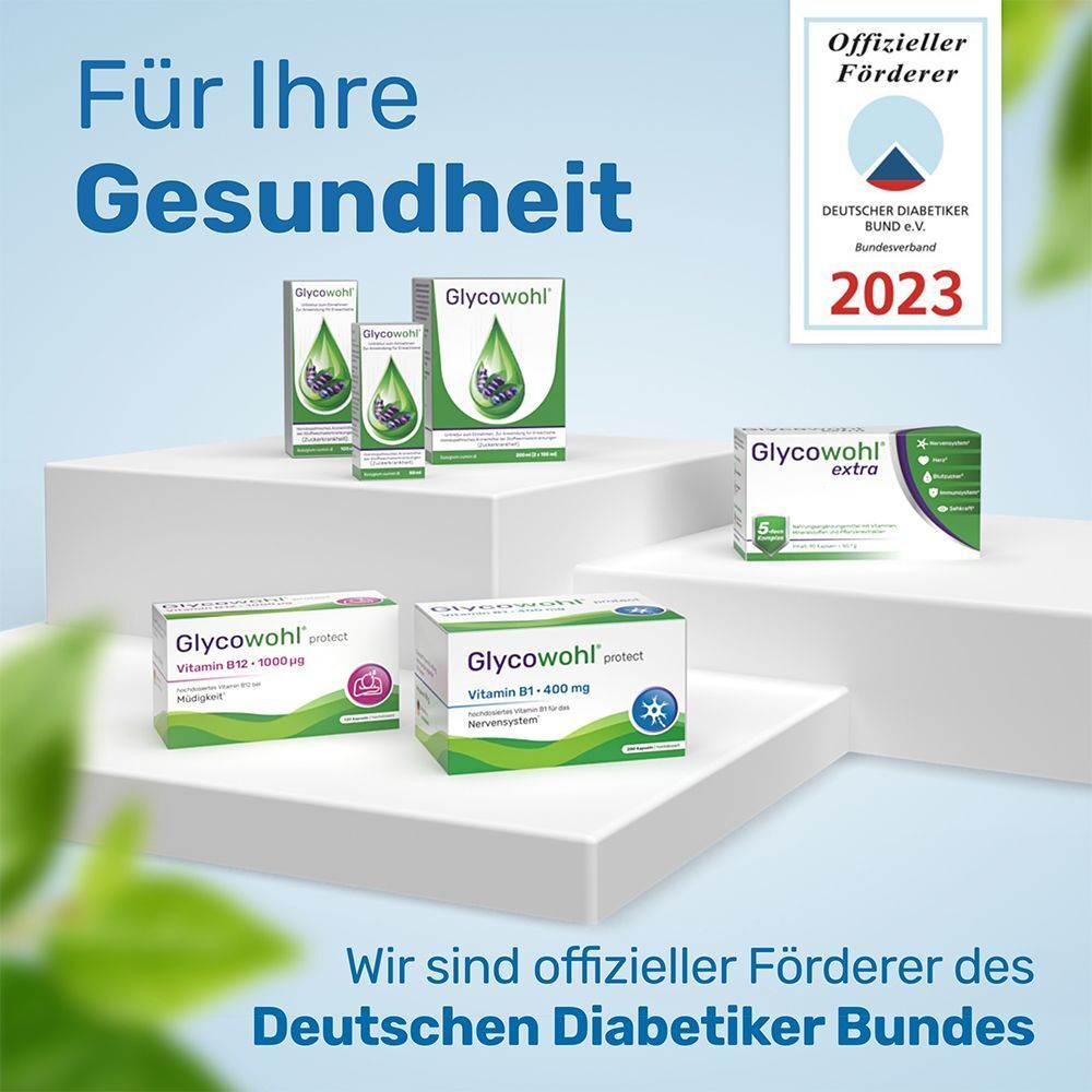 Verschiedene Packungen GLYCOWOHL. Text: Für Ihre Gesundheit. Offizieller Förderer des Deutschen Diabetiker Bundes. Logo 2023.