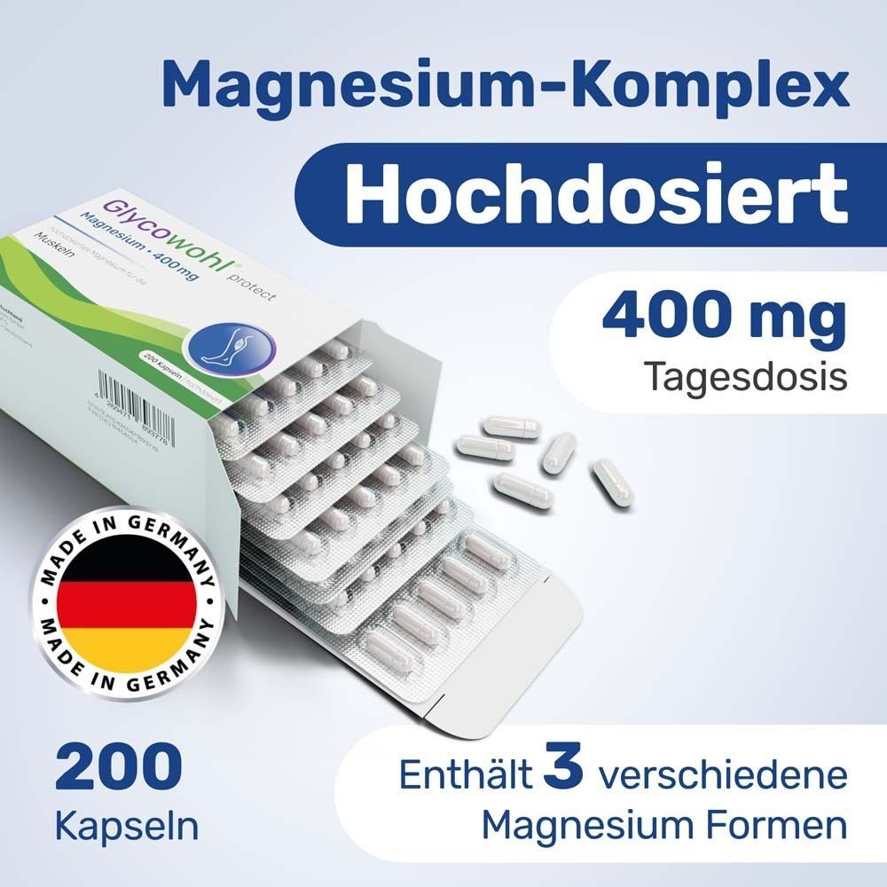 Geöffnete Packung GLYCOWOHL® Magnesium 400 mg. Zeigt Blisterpackungen mit Kapseln, 400 mg Tagesdosis, 200 Kapseln, Made in Germany.