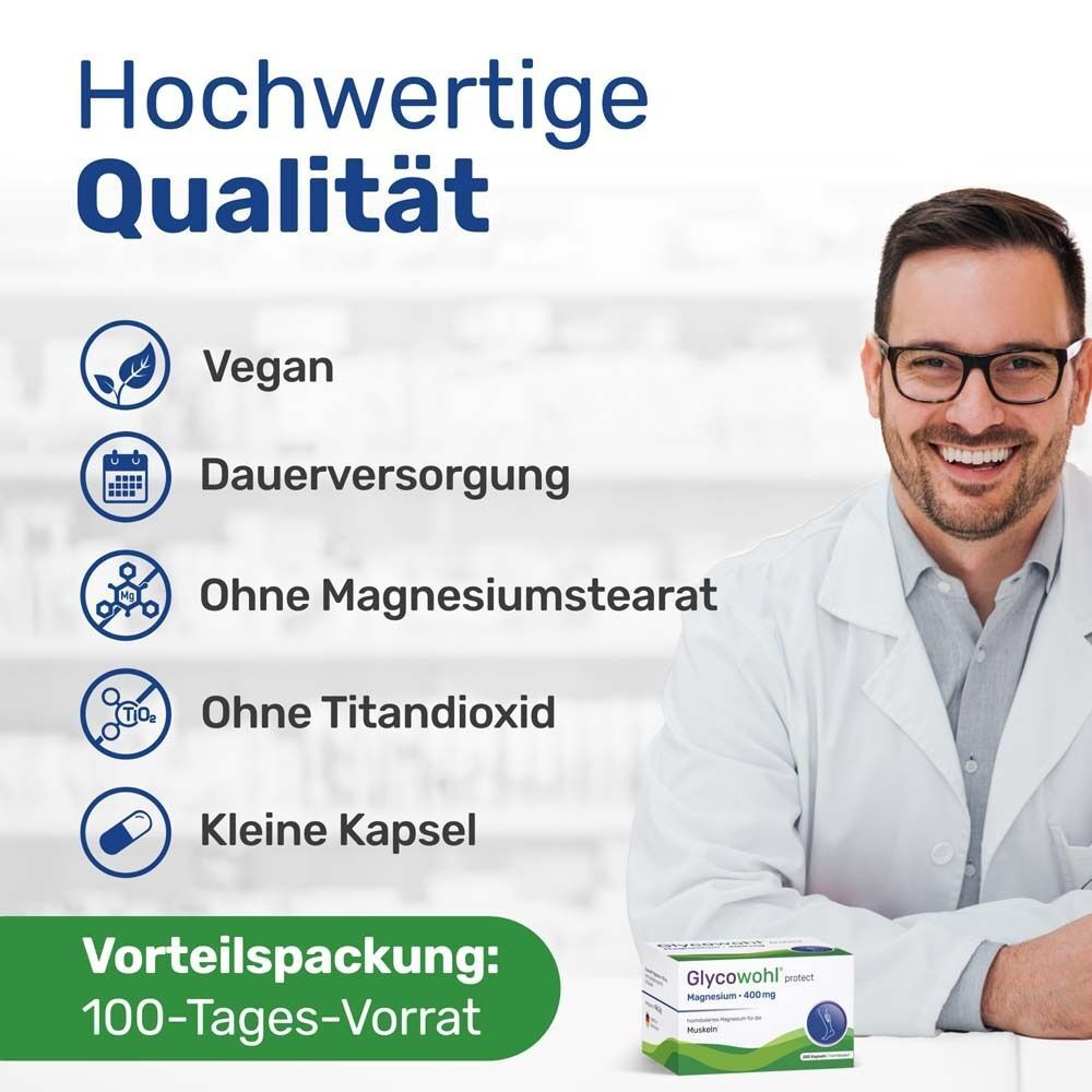 Arzt mit Brille, hält Packung. Icons: Vegan, Dauervorsorgung, Ohne Magnesiumstearat, Ohne Titandioxid, Kleine Kapsel. Vorteilspackung.