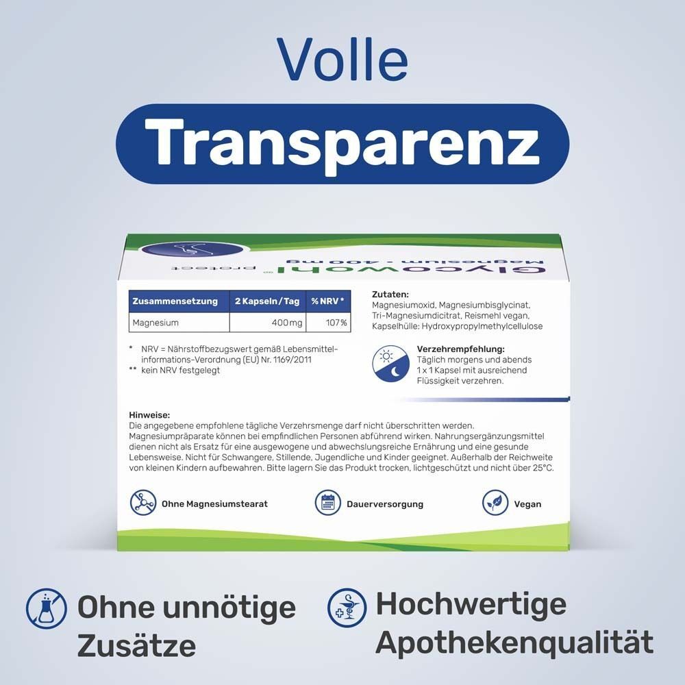 Packung GLYCOWOHL® Magnesium 400 mg. Text: Zusammensetzung, Hinweise, Ohne unnötige Zusätze, Apothekenqualität, Vegan, Dauervorsorgung.