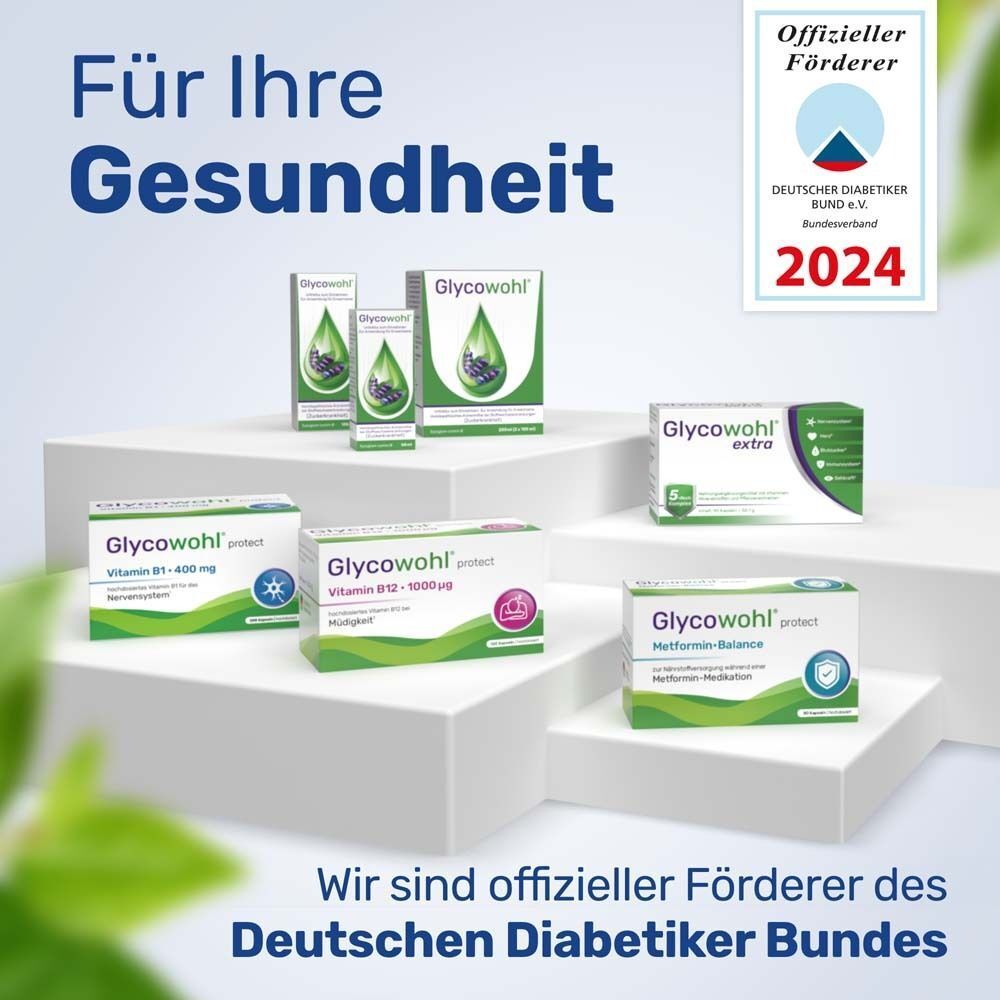 Verschiedene GLYCOWOHL® Produkte. Logo Deutscher Diabetiker Bund 2024.