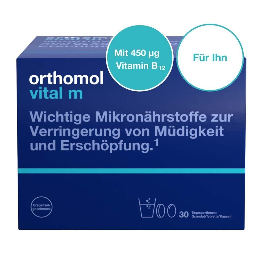 Blaue Schachtel Orthomol Vital m. Aufschrift: Wichtige Mikronährstoffe zur Verringerung von Müdigkeit und Erschöpfung. Mit 450 µg Vitamin B12.