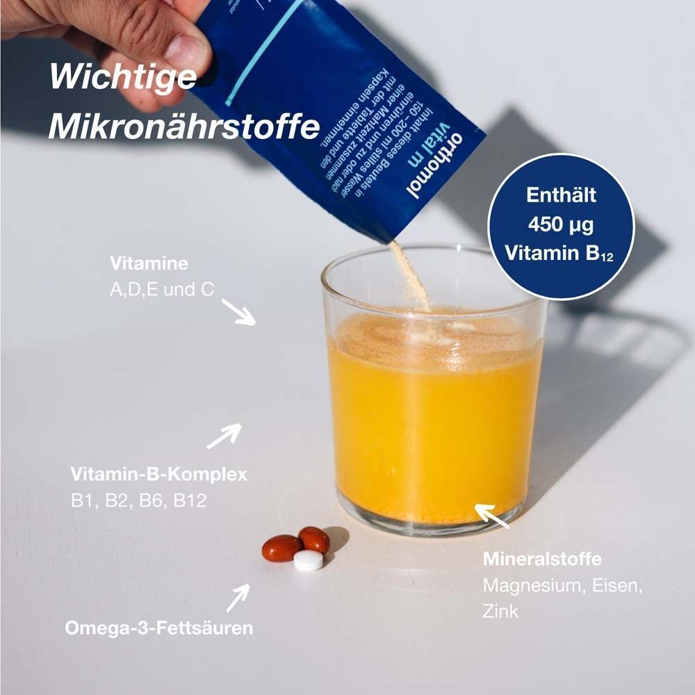 Glas mit Flüssigkeit, daneben Tabletten, Kapseln. Aufschrift: Enthält 450 µg Vitamin B12. Pfeile zeigen auf Vitamine, Mineralstoffe, Omega-3.