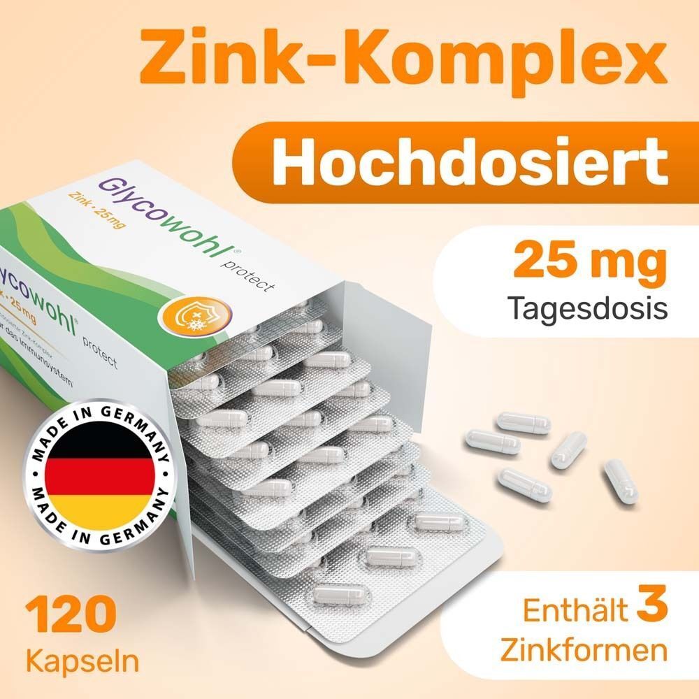 Geöffnete Packung GLYCOWOHL Zink-Komplex Kapseln. Blisterpackung mit Kapseln. Text: Zink-Komplex, hochdosiert, 25 mg Tagesdosis, 120 Kapseln.