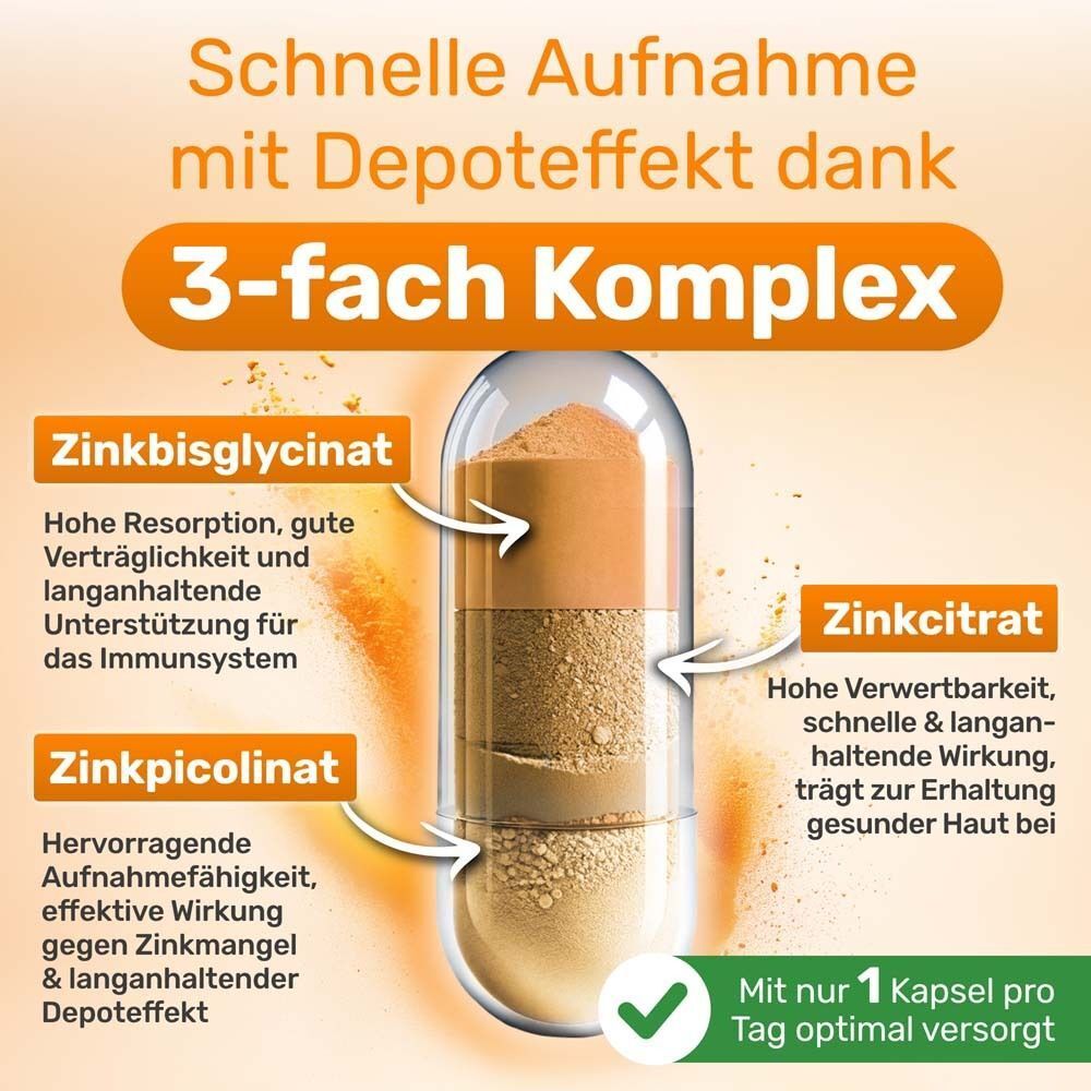 Schnitt durch eine Kapsel. Beschriftung: Zinkbisglycinat, Zinkcitrat, Zinkpicolinat. Text: 3-fach Komplex, schnelle Aufnahme mit Depoteffekt.