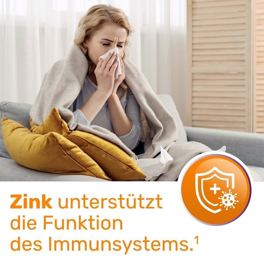 Frau mit Taschentuch. Text: Zink unterstützt die Funktion des Immunsystems. Logo: Schild mit Kreuz und Virus.