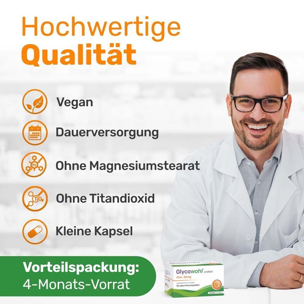 Arzt mit Kittel. Text: Hochwertige Qualität. Logos: Vegan, Dauerversorgung, ohne Magnesiumstearat, ohne Titandioxid, kleine Kapsel.