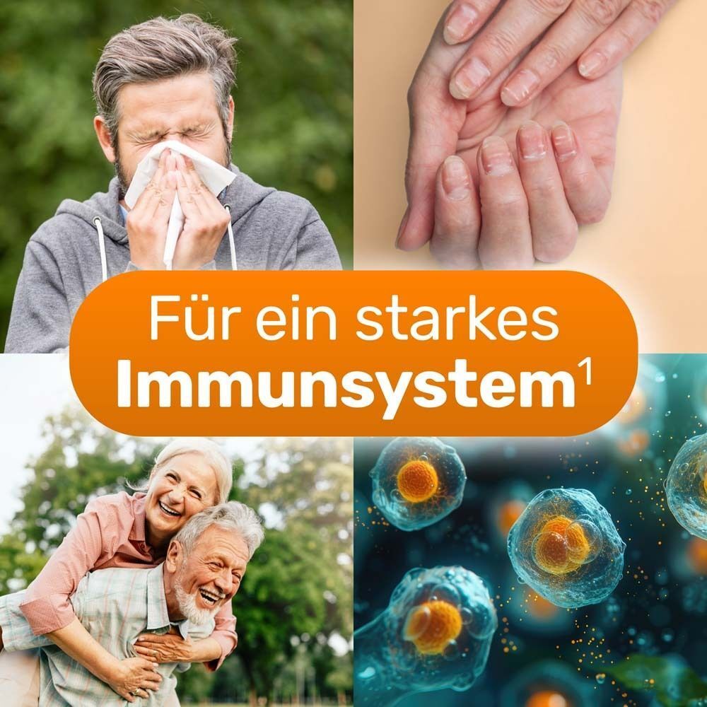 Bilder: Mann mit Taschentuch, Hände, älteres Paar, Zellen. Text: Für ein starkes Immunsystem.