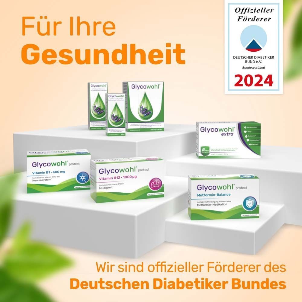 Verschiedene Produkte. Text: Für Ihre Gesundheit. Logo: Deutscher Diabetiker Bund. Produkte: GLYCOWOHL, Vitamin B1, Metformin Balance.