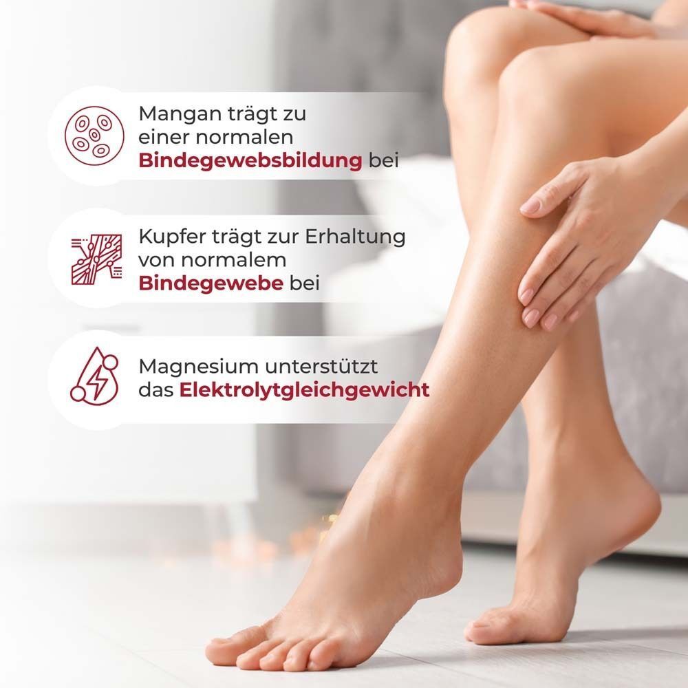 Beine einer Frau. Text: Mangan, Kupfer und Magnesium unterstützen das Bindegewebe und den Elektrolythaushalt.