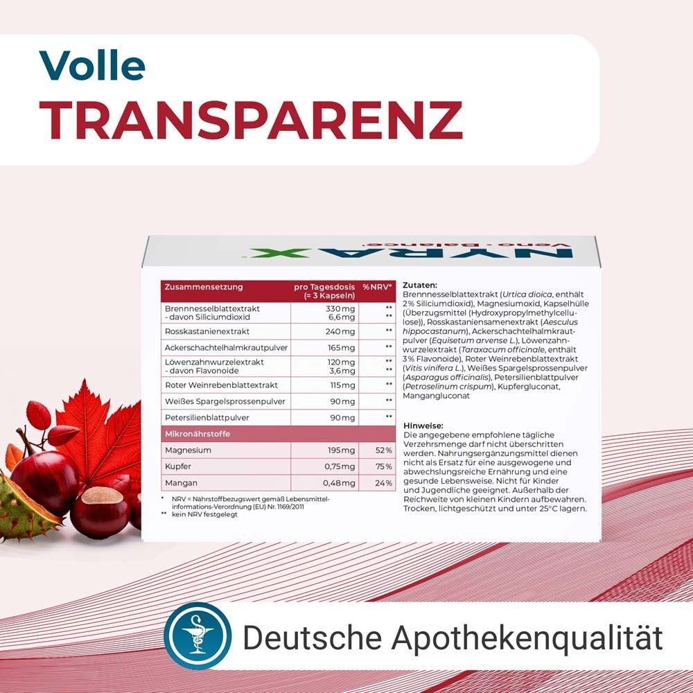 Produktinformationen. Inhaltsstoffe und Nährwerte. Deutsche Apothekenqualität. Kastanien und Blätter.