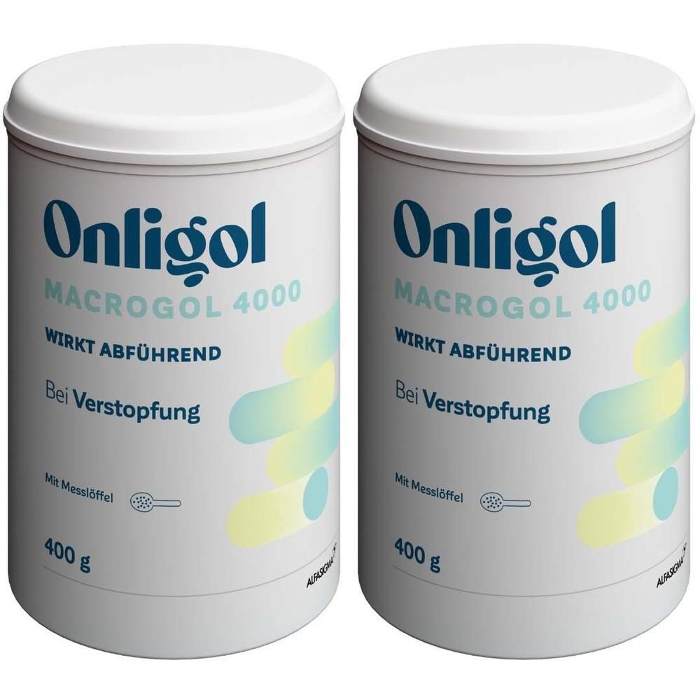 Zwei Dosen Onligol Macrogol 4000 Pulver zur Verstopfung, je 400g.