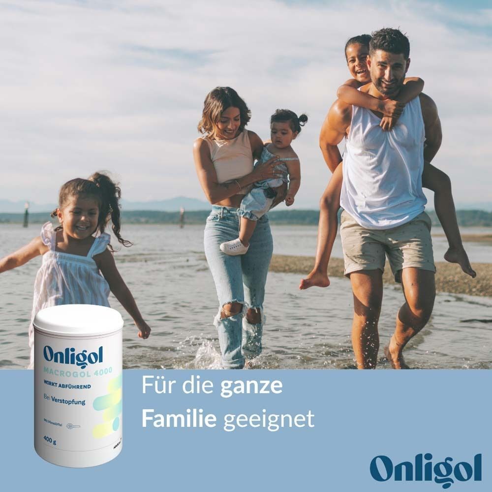 Familie am Strand mit Onligol Macrogol 4000 Dose. Für die ganze Familie.