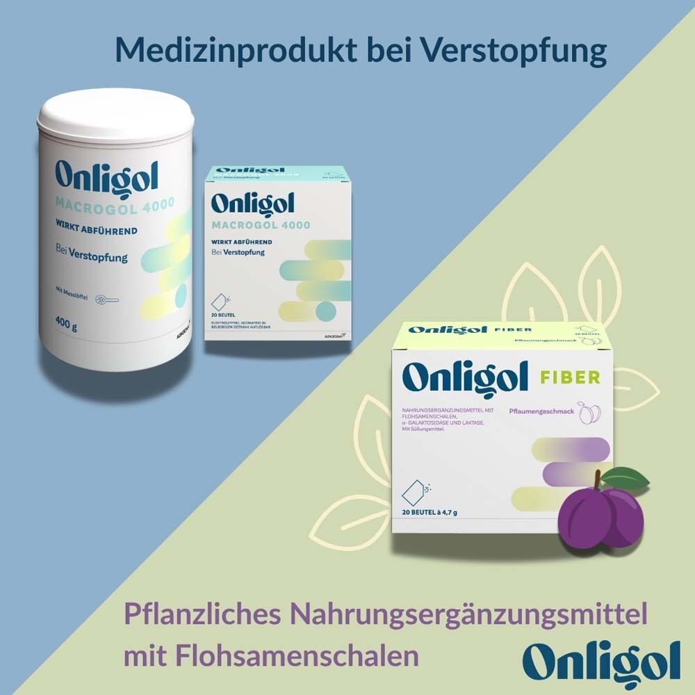 Onligol Macrogol 4000 Dose und Schachtel. Onligol Fiber mit Pflaumen.