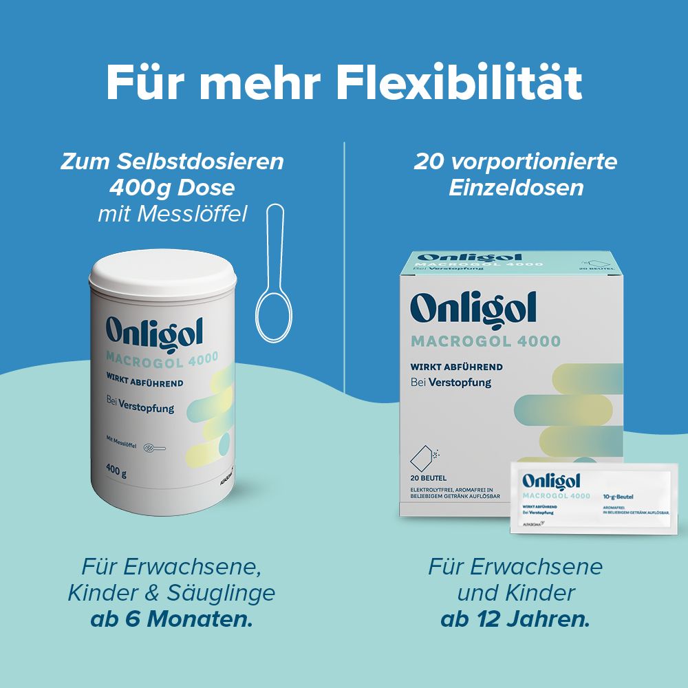 Vergleich: Dose Onligol Macrogol 4000 (400g) und 20 Einzelportionen (je 10g). Für Erwachsene und Kinder.