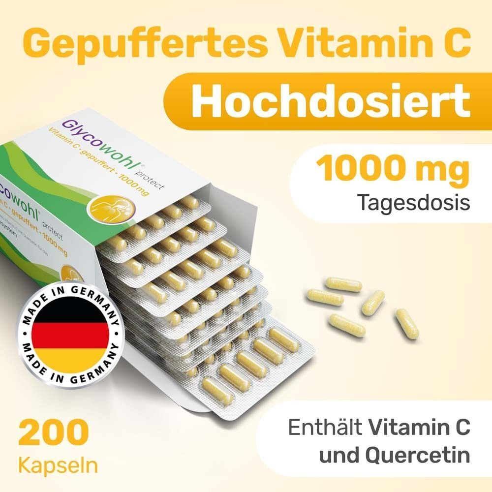 Geöffnete Packung GLYCOWOHL® Vitamin C 1000 mg + Quercetin. Blister mit Kapseln, daneben lose Kapseln. Aufdruck: Vitamin C, Quercetin.