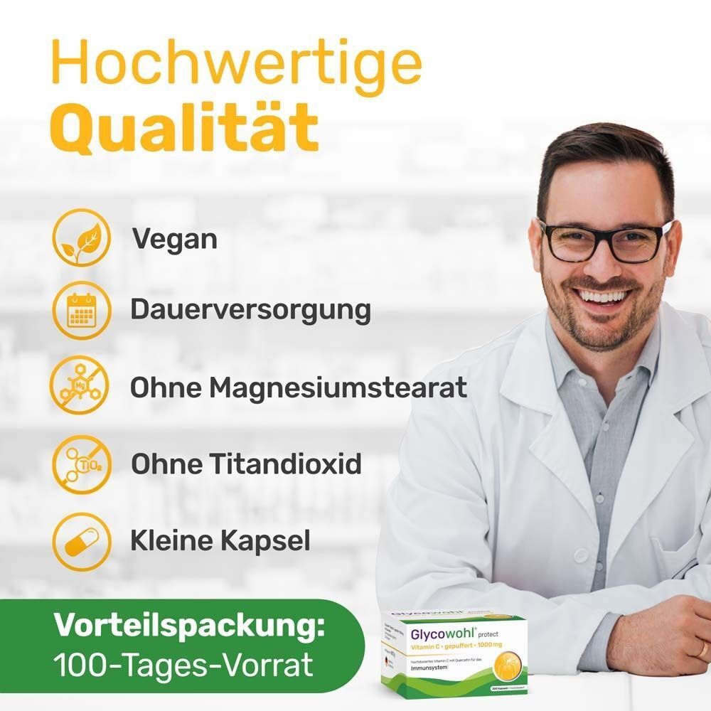 Arzt lächelt. Text: Hochwertige Qualität, vegan, ohne Magnesiumstearat, kleine Kapsel. Packung GLYCOWOHL® Vitamin C.