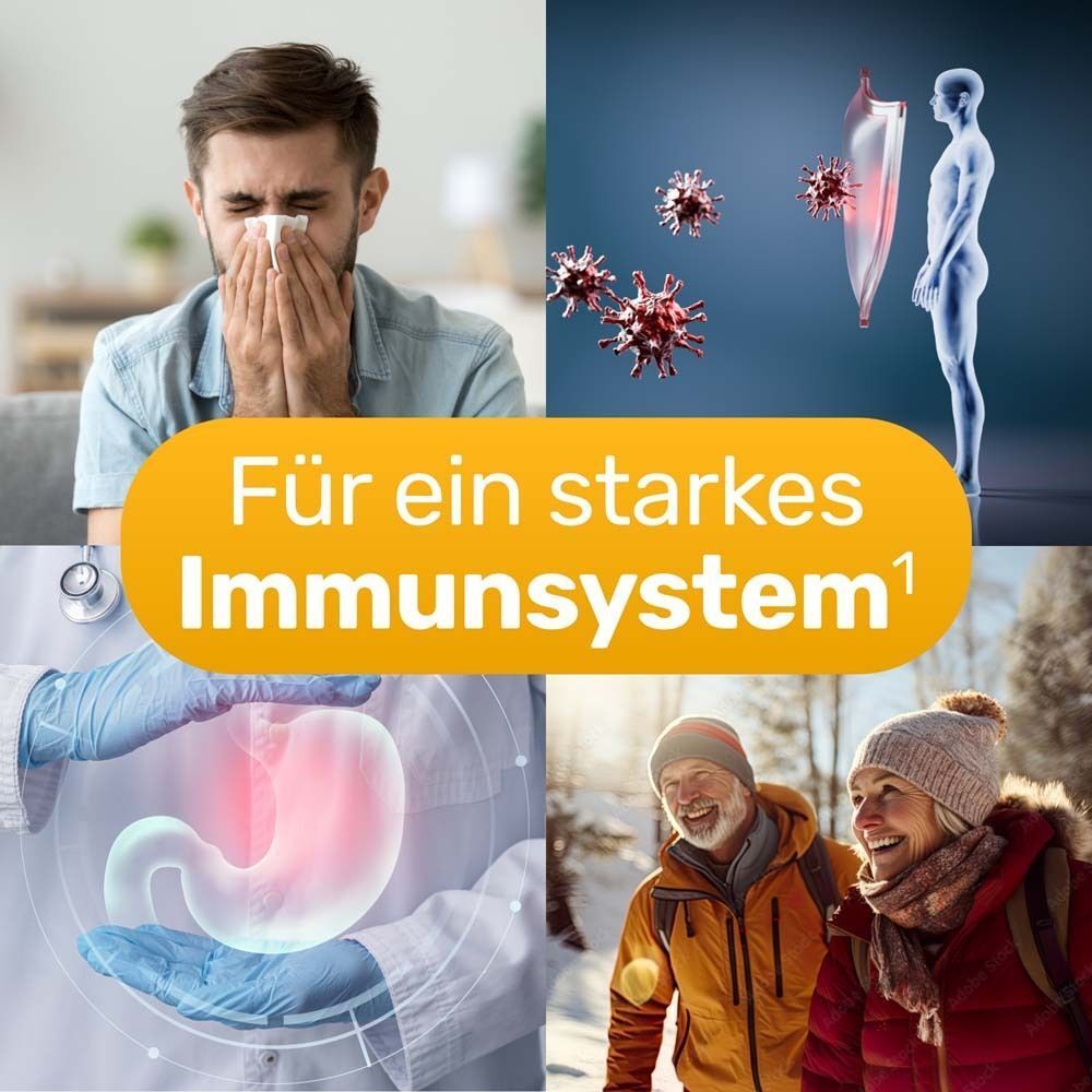 Collage: Personen mit Erkältung, gesunder Mann, Immunsystem-Illustration, älteres Paar. Text: Für ein starkes Immunsystem.