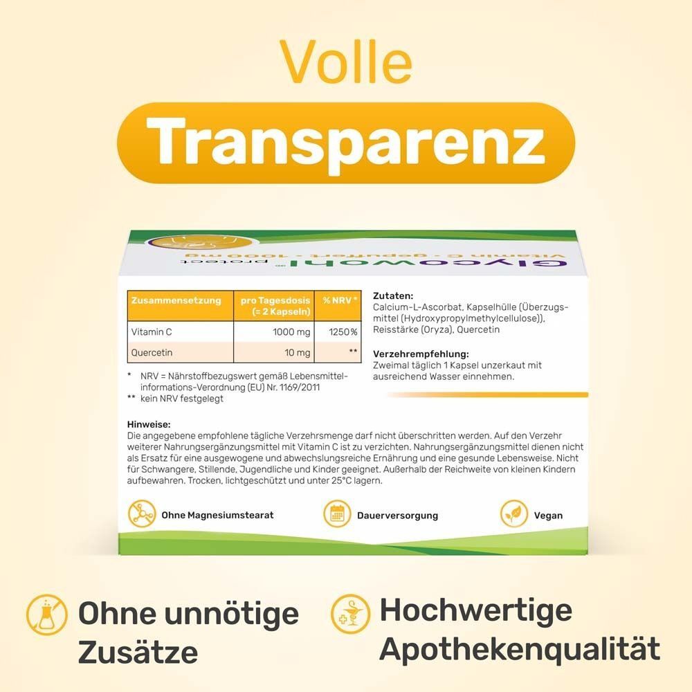 Packung GLYCOWOHL® Vitamin C. Text: Inhaltsstoffe, Verzehrempfehlung, Hinweise. Illustrationen: ohne unnötige Zusätze, Apothekenqualität.