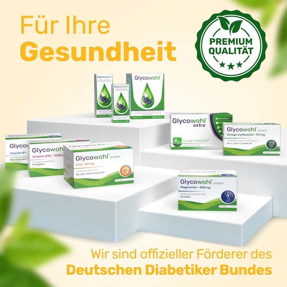 Verschiedene GLYCOWOHL® Produkte. Text: Für Ihre Gesundheit, Premium Qualität. Logo: Deutscher Diabetiker Bund.