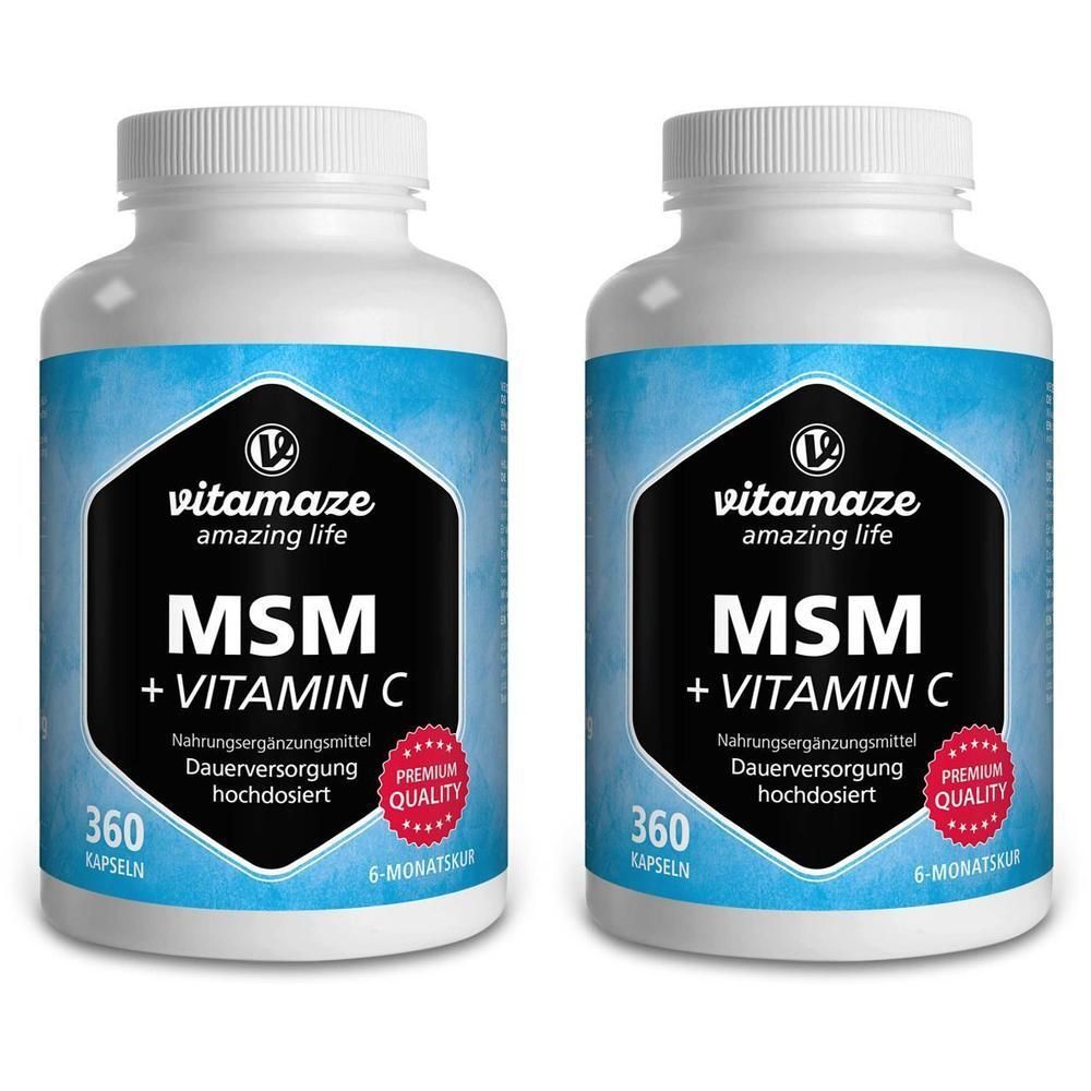Zwei weiße Flaschen mit Schraubverschluss. Aufschrift: vitamaze, MSM + Vitamin C, 360 Kapseln, Premium Quality.