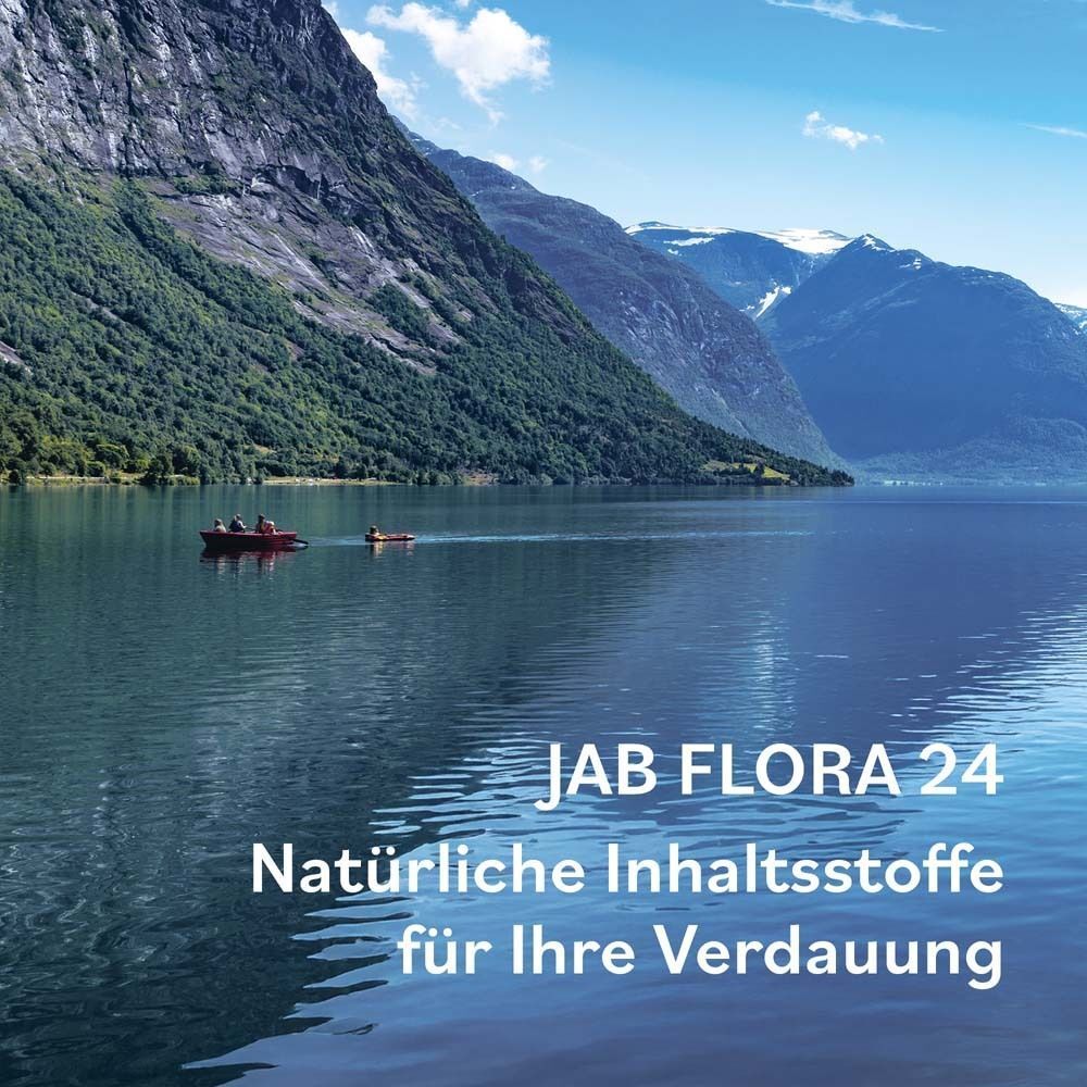 Landschaft mit See und Bergen. Text: JAB Flora 24 Natürliche Inhaltsstoffe für Ihre Verdauung.
