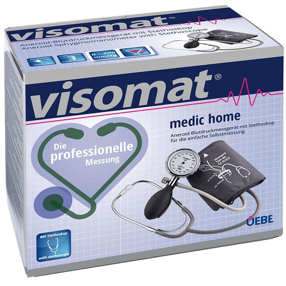 Verpackung von VISOMAT medic home. Box mit Produktabbildung, Text und Logo. Enthält ein Blutdruckmessgerät und ein Stethoskop.