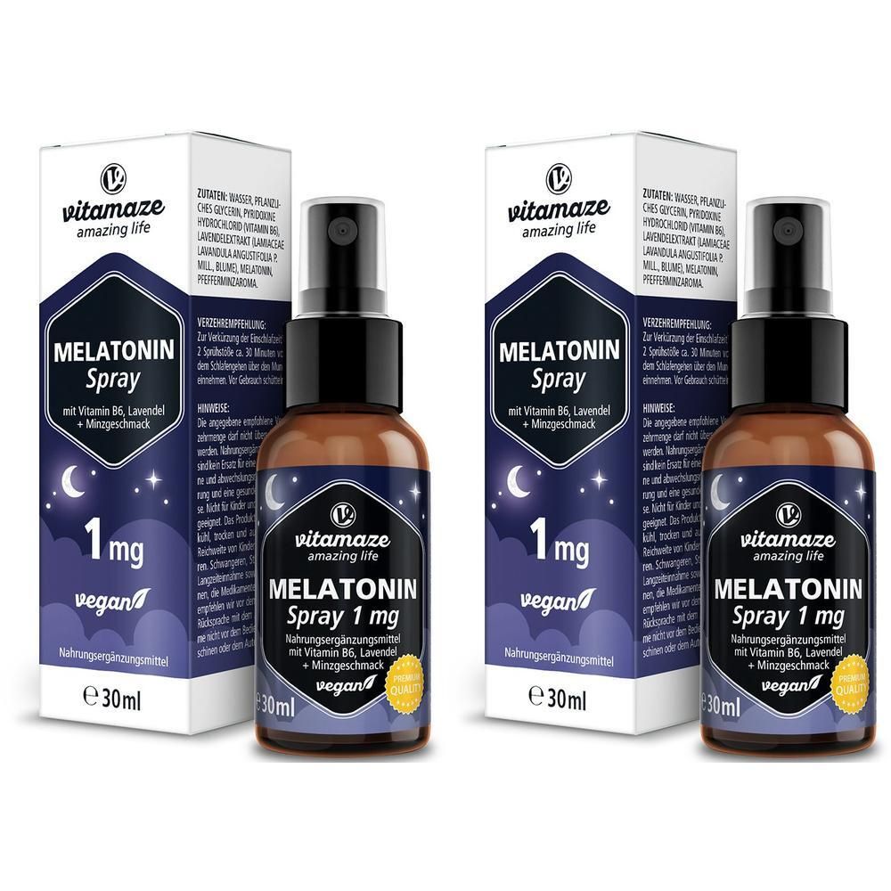 Zwei Flaschen und Schachteln Melatonin Spray 1 mg mit Vitamin B6, Lavendel und Minzgeschmack.