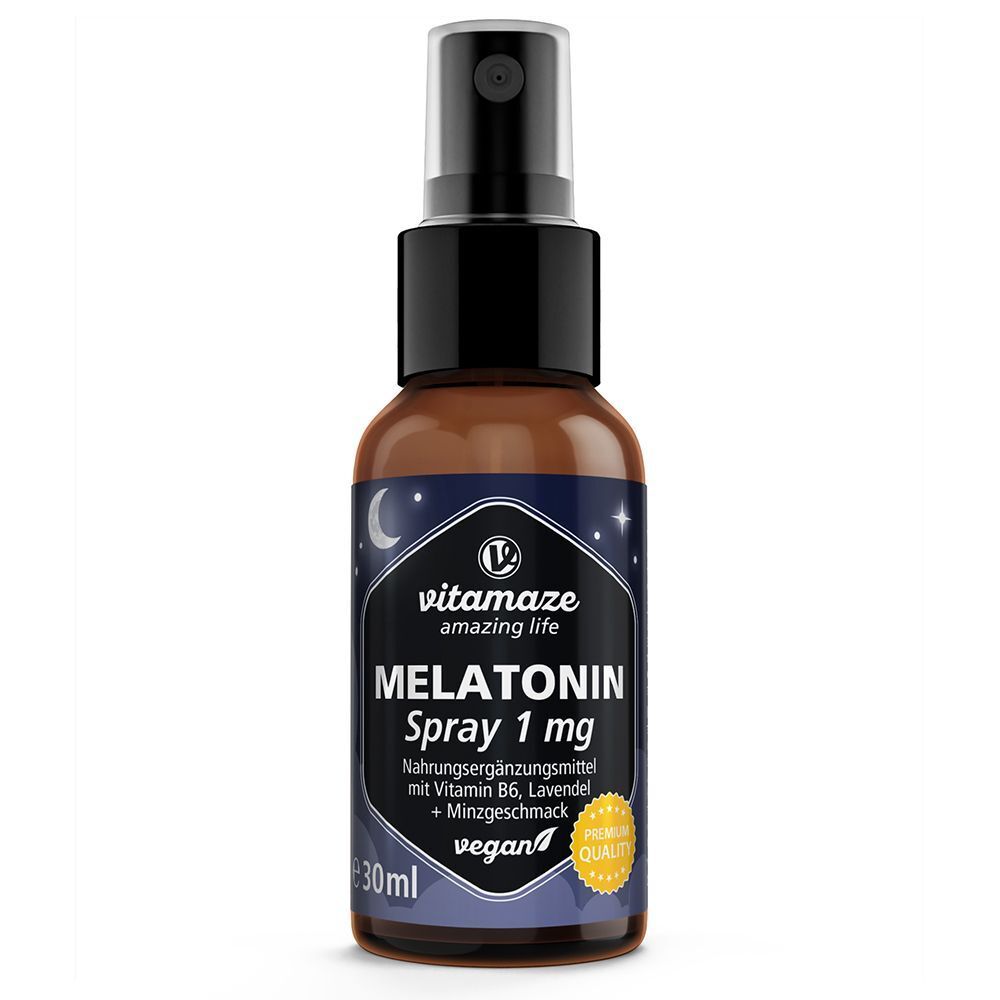 Eine Flasche Melatonin Spray 1 mg mit Vitamin B6, Lavendel und Minzgeschmack.