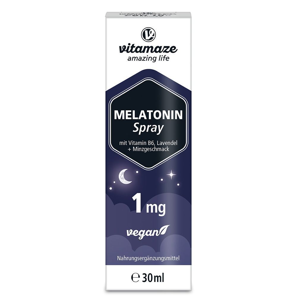 Eine Schachtel Melatonin Spray 1 mg mit Vitamin B6, Lavendel und Minzgeschmack.