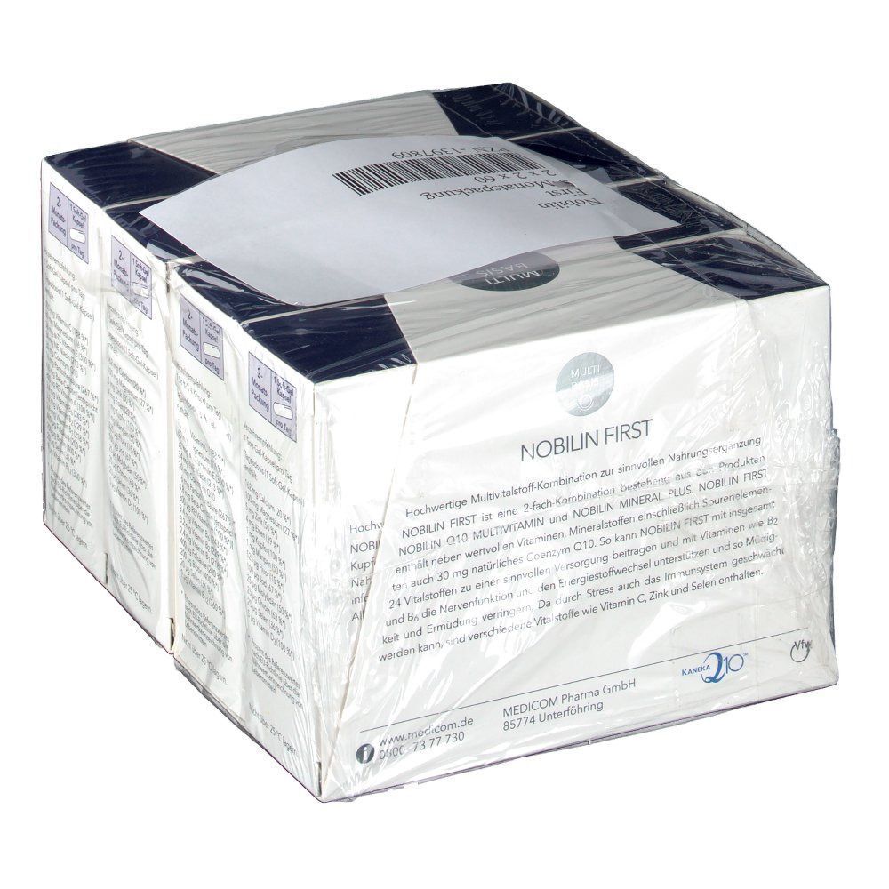 Verpackung mit mehreren Schachteln Nobilin First, in Folie eingeschweißt. Aufdrucke mit Produktinformationen.