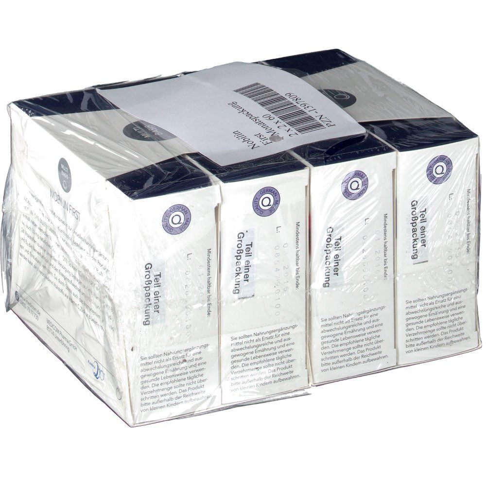 Verpackung mit mehreren Schachteln, in Folie eingeschweißt. Aufdrucke mit Produktinformationen und dem Logo.