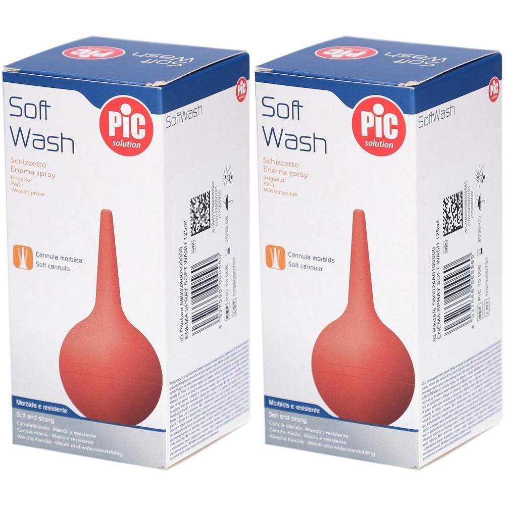 Zwei Packungen mit roter Klistierspritze. Auf der Verpackung steht "Soft Wash" und "PIC solution".