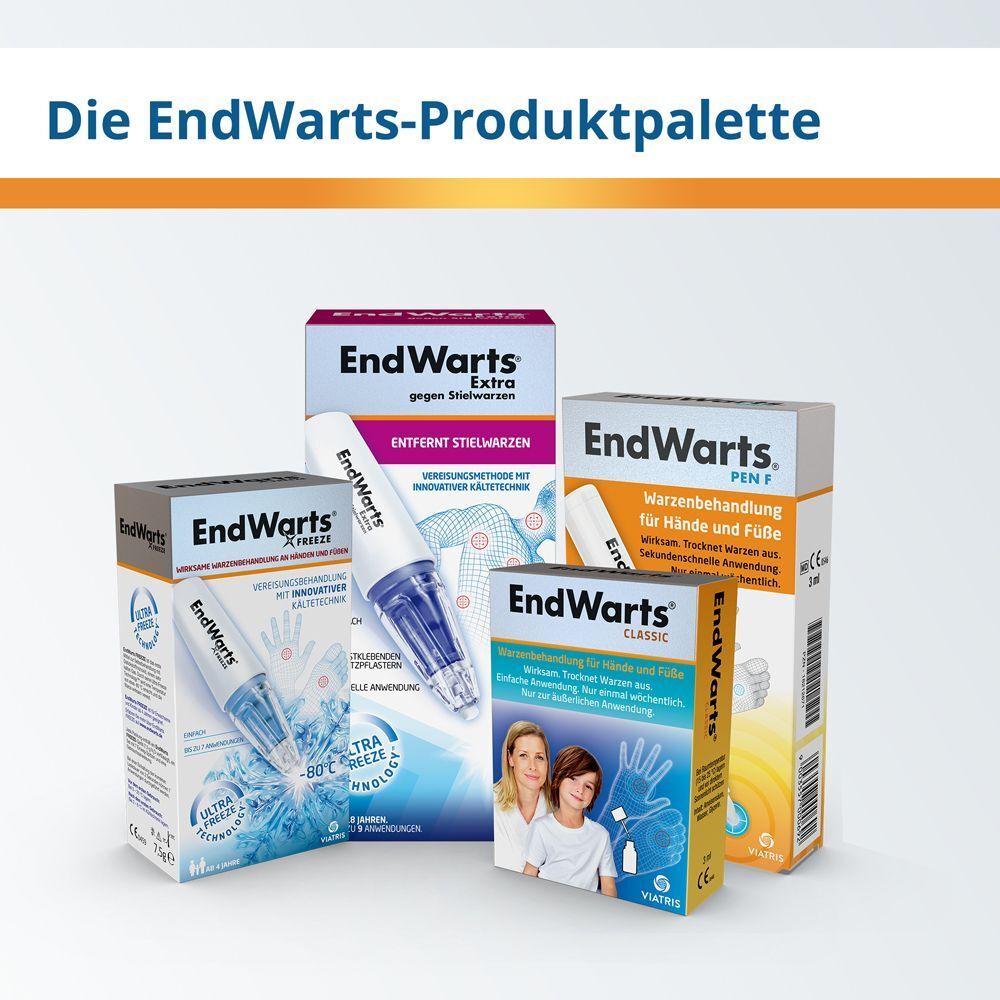 Die EndWarts-Produktpalette. Verschiedene Verpackungen von EndWarts-Produkten.
