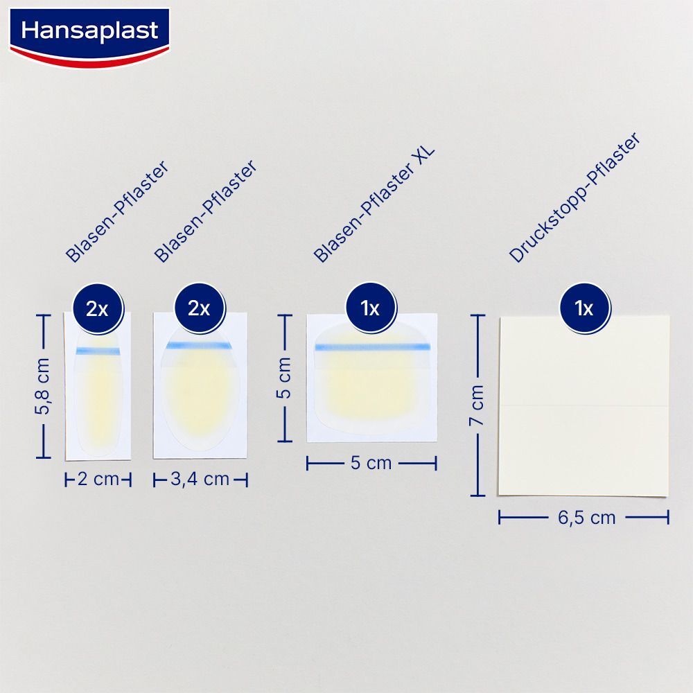 Verschiedene Größen HANSAPLAST Blasen-Pflaster. Größenangaben: 2x 5,8cm x 2cm, 2x 5cm x 3,4cm, 1x 5cm x 5cm, 1x 7cm x 6,5cm.