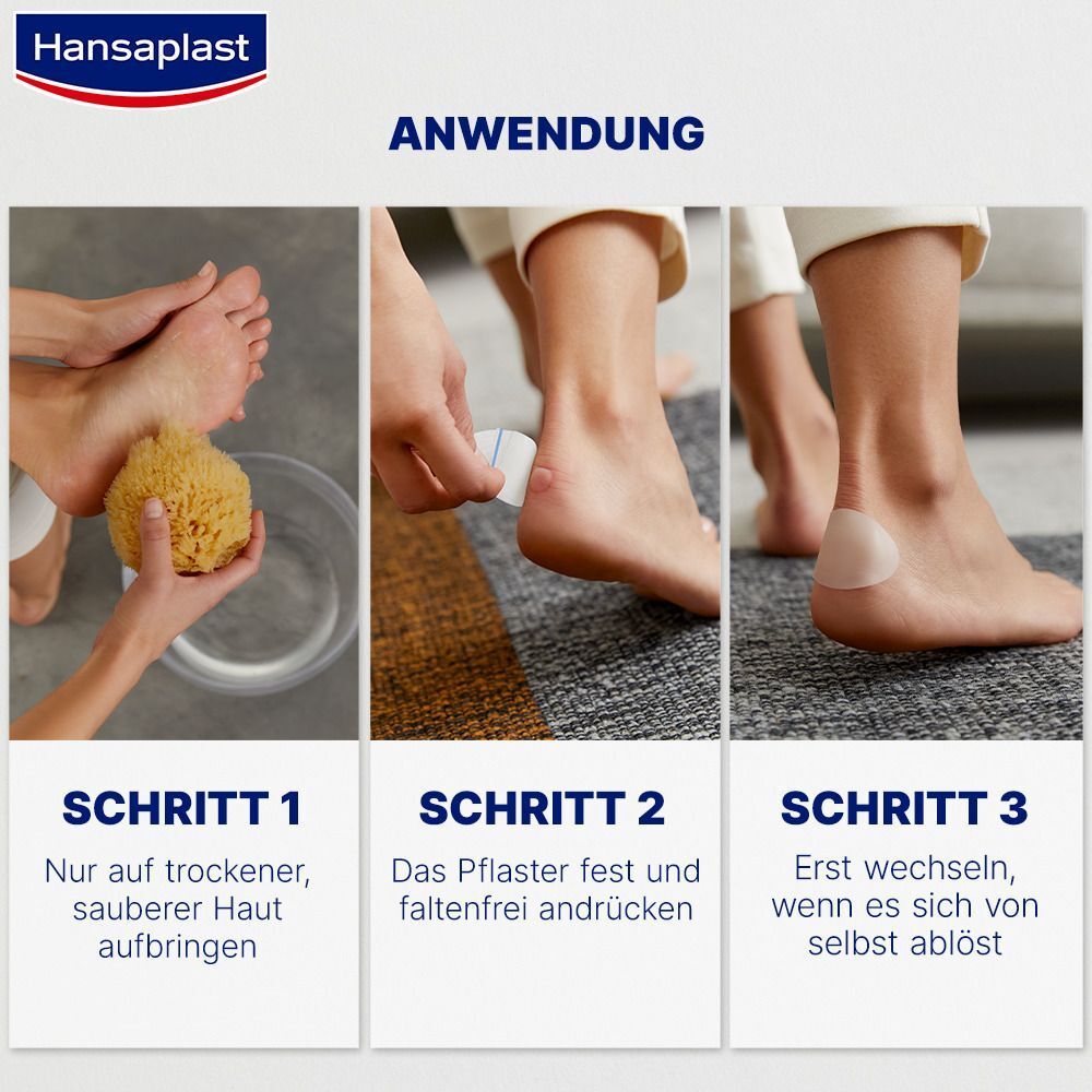 Anwendungsschritte für HANSAPLAST Blasen-Pflaster. Schritte: trockene Haut, Pflaster andrücken, wechseln bei Ablösung.