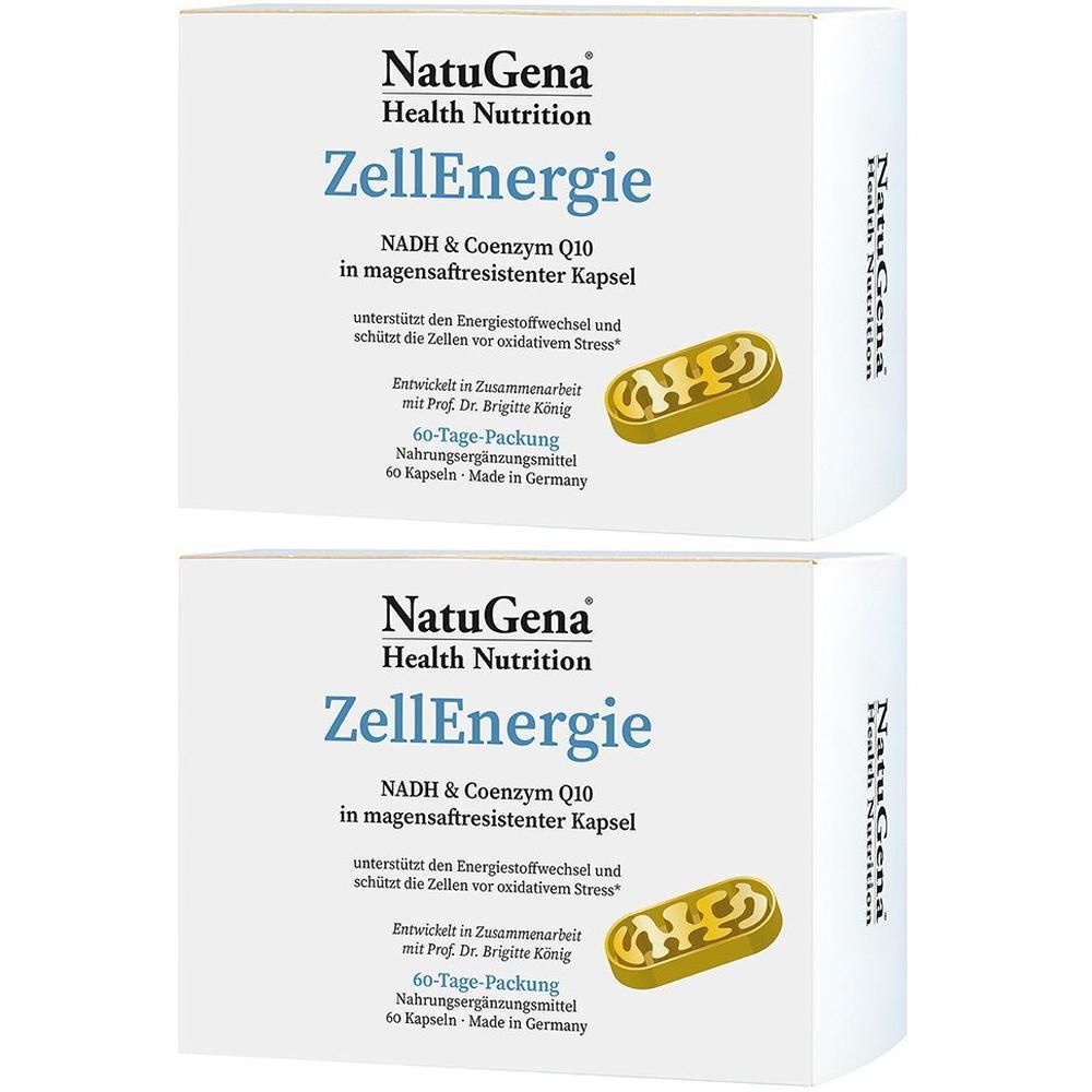 Zwei Packungen NatuGena ZellEnergie. Weiße Kartons mit Produktnamen und Kapsel-Illustration. Text: NADH & Coenzym Q10 in magensaftresistenter Kapsel.